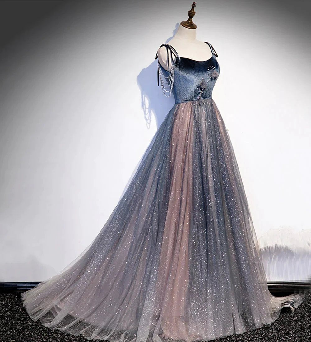 Blue tulle sequins long prom dress evening dress s80 by simplepromdress