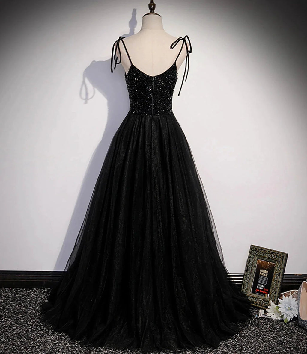 Black tulle beads long prom dress A line evening dress s58 by simplepromdress