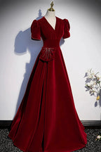 Burgundy v neck long prom dress A line evening dress s54 by simplepromdress