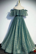 Cute tulle sequins long prom dress A line evening dress s90 by simplepromdress