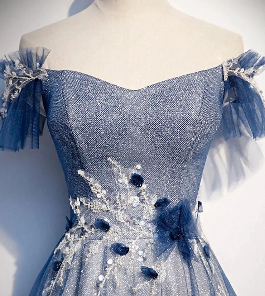 Shiny tulle sequins long prom dress blue evening dress s102 by simplepromdress