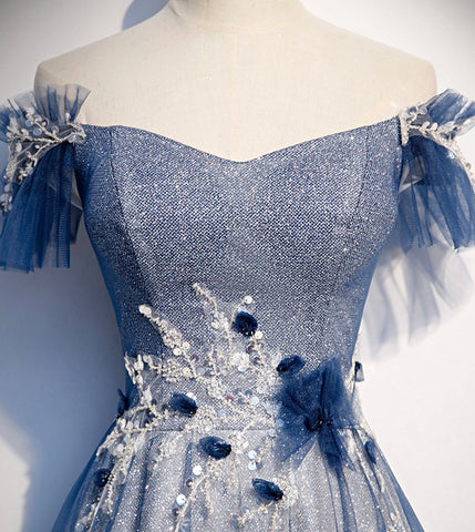 Glänzendes Tüll Pailletten langes Ballkleid blaues Abendkleid S102