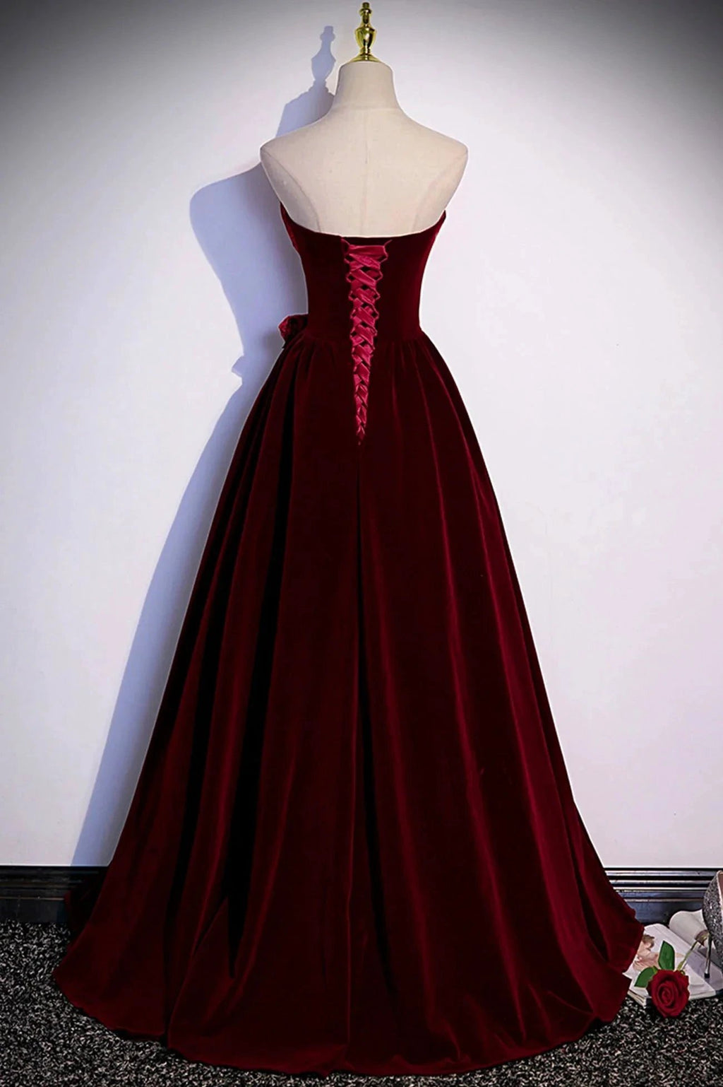 Burgundy velvet long prom dress A-line evening gown s86 by simplepromdress