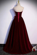 Burgundy velvet long prom dress A-line evening gown s86 by simplepromdress