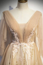 Champagne v neck lace long prom dress A line evening dress s77 by simplepromdress