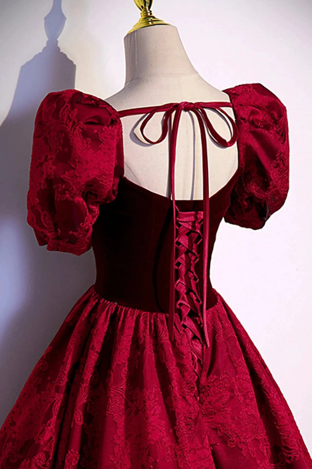 Burgundy velvet jacquard long prom dress evening dress s89 by simplepromdress