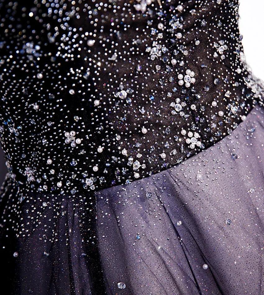 Purple v neck tulle beads long prom dress evening dress s104 by simplepromdress