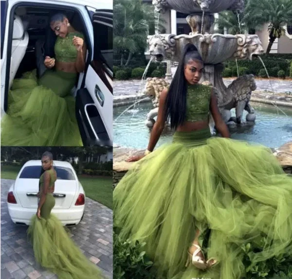 Olive Green Two Pieces Prom Dresses Lace Bodice African Girl Black Girl Evening Dress Y534 by simplepromdress