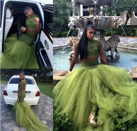 Olive Green Two Pieces Prom Dresses Lace Bodice African Girl Black Girl Evening Dress Y534