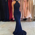 Modest Halter Mermaid Lace Prom Dresses Beads Sweep-Train by MyChicDress
