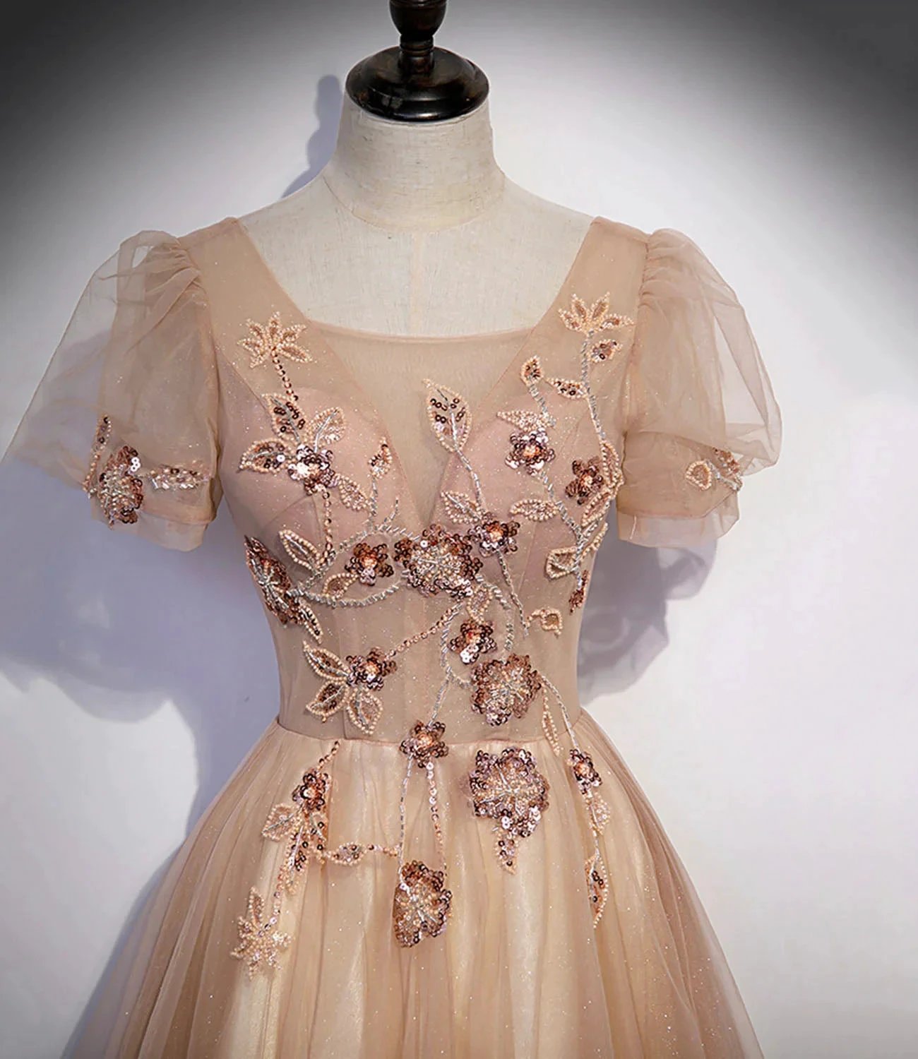 Cute tulle beads long prom dress A line evening gown s63 by simplepromdress