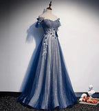 Shiny tulle sequins long prom dress blue evening dress s102 by simplepromdress