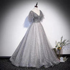 Gray tulle sequins long prom dress A line evening gown s65 by simplepromdress