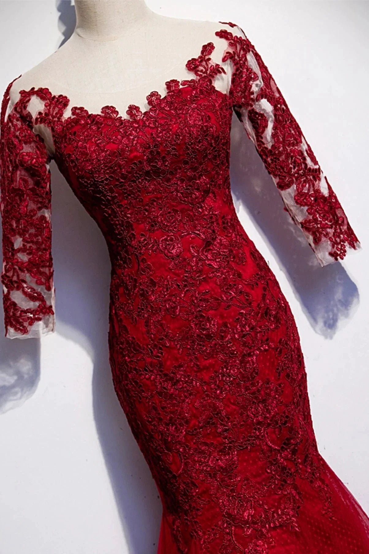 Burgundy lace long prom dress mermaid evening dress s110 by simplepromdress