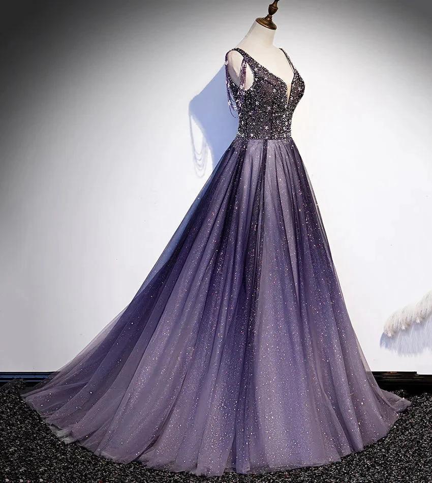 Purple v neck tulle beads long prom dress evening dress s104 by simplepromdress