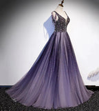 Purple v neck tulle beads long prom dress evening dress s104 by simplepromdress