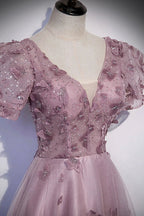 Pink tulle sequins long prom dress pink evening dress s61 by simplepromdress
