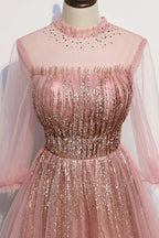 Pink tulle sequins long prom dress pink evening dress s109 by simplepromdress
