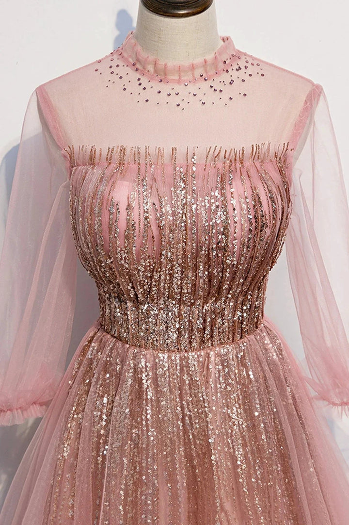 Pink tulle sequins long prom dress pink evening dress s109 by simplepromdress