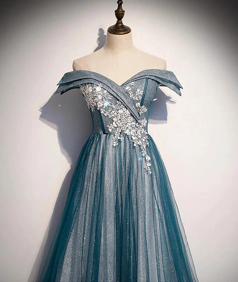 Blue tulle lace long prom dress off shoulder evening dress s105 by simplepromdress