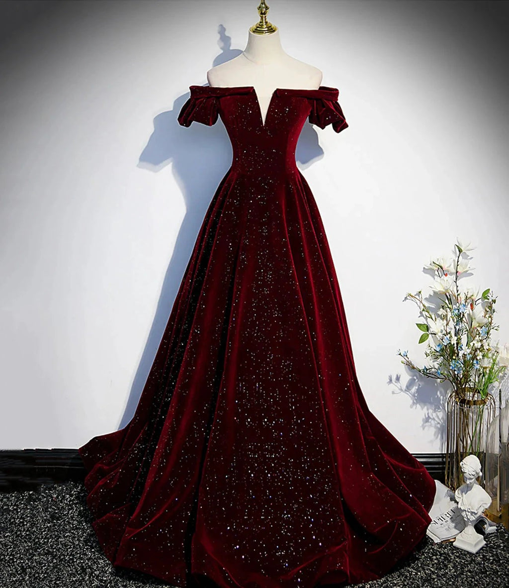 Burgundy velvet long prom dress A line evening dress s53 by simplepromdress