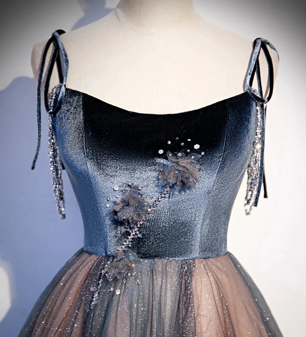 Blue tulle sequins long prom dress evening dress s80 by simplepromdress