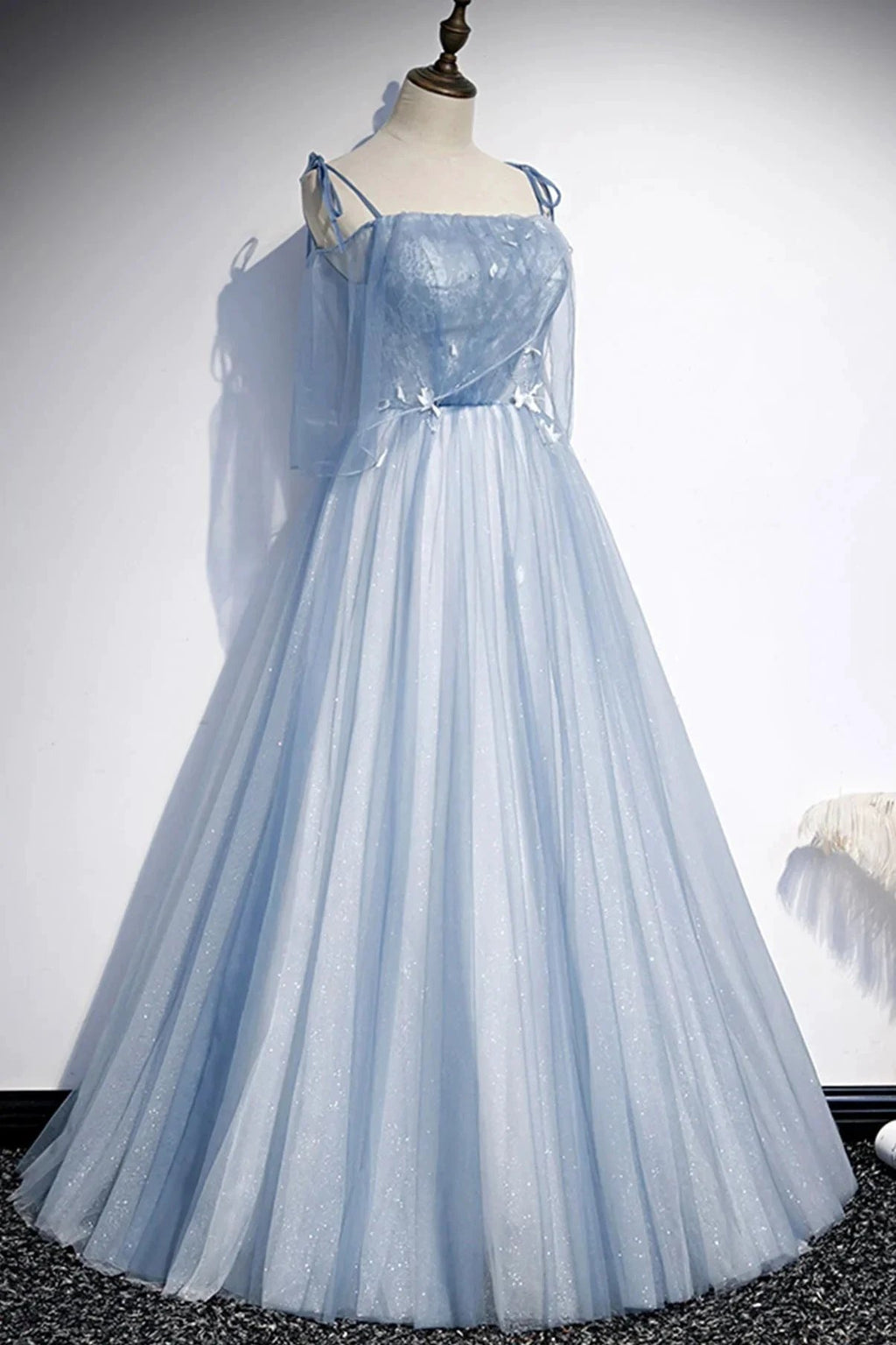 Blue tulle long A line prom dress evening dress s72 by simplepromdress