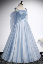 Blue tulle long A line prom dress evening dress s72 by simplepromdress