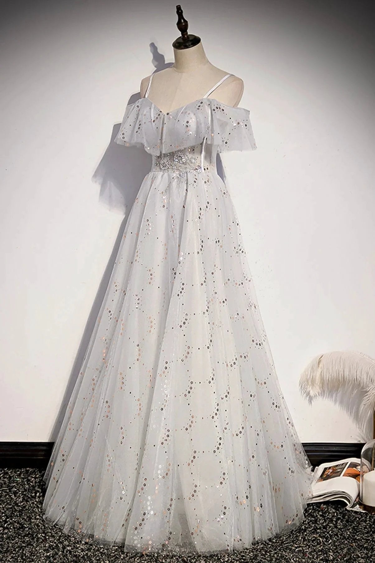 Stylish tulle sequins long A line prom dress evening dress s71 by simplepromdress