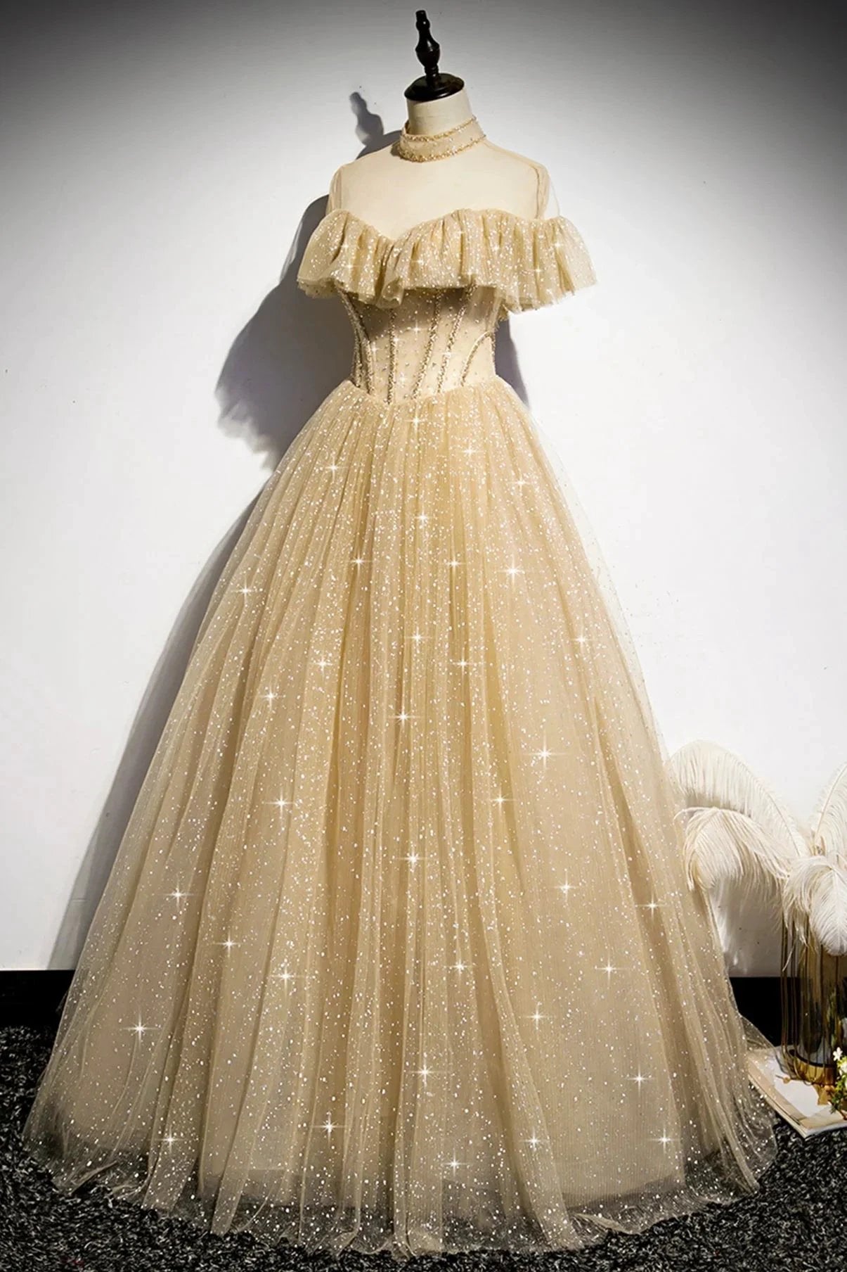 Gold A line sequins long ball gown dress formal dress s78 by simplepromdress