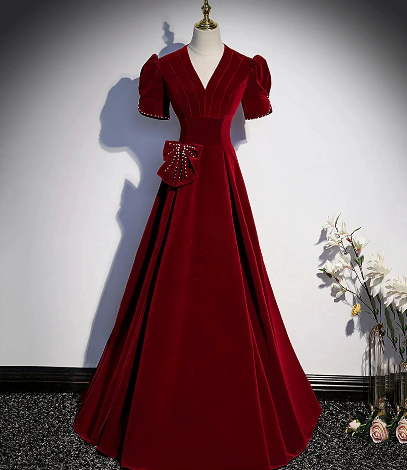 Burgundy v neck long prom dress A line evening dress s54 by simplepromdress