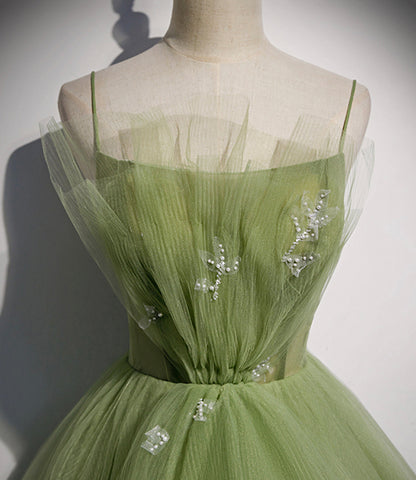 Green tulle long prom dress A line evening dress s56