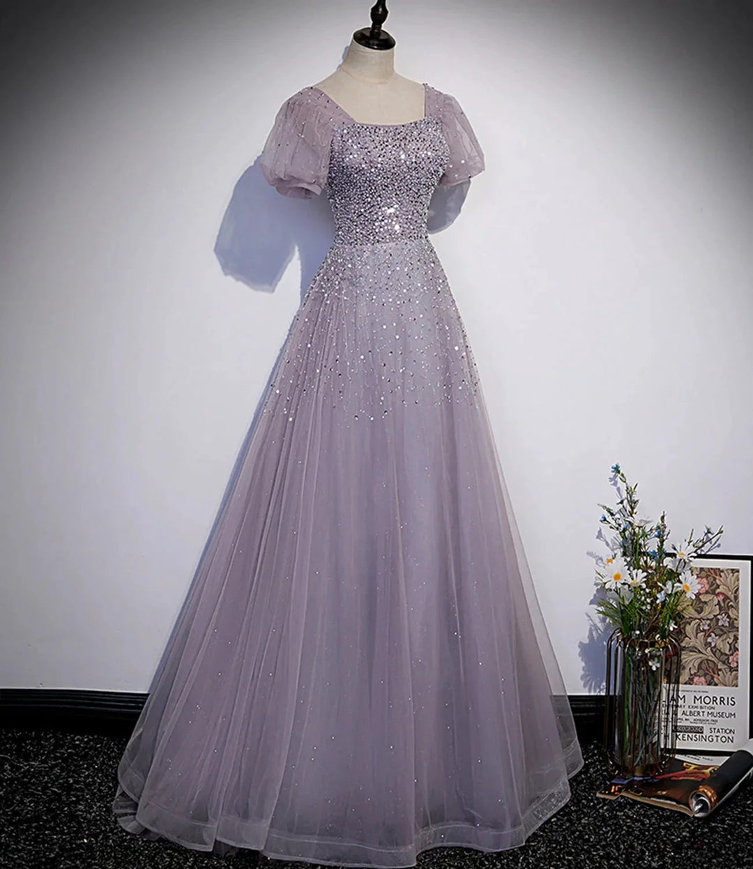 Purple tulle beads long prom dress A line evening gown s59 by simplepromdress
