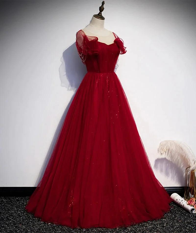 Burgundy tulle long prom dress evening dress s82 by simplepromdress