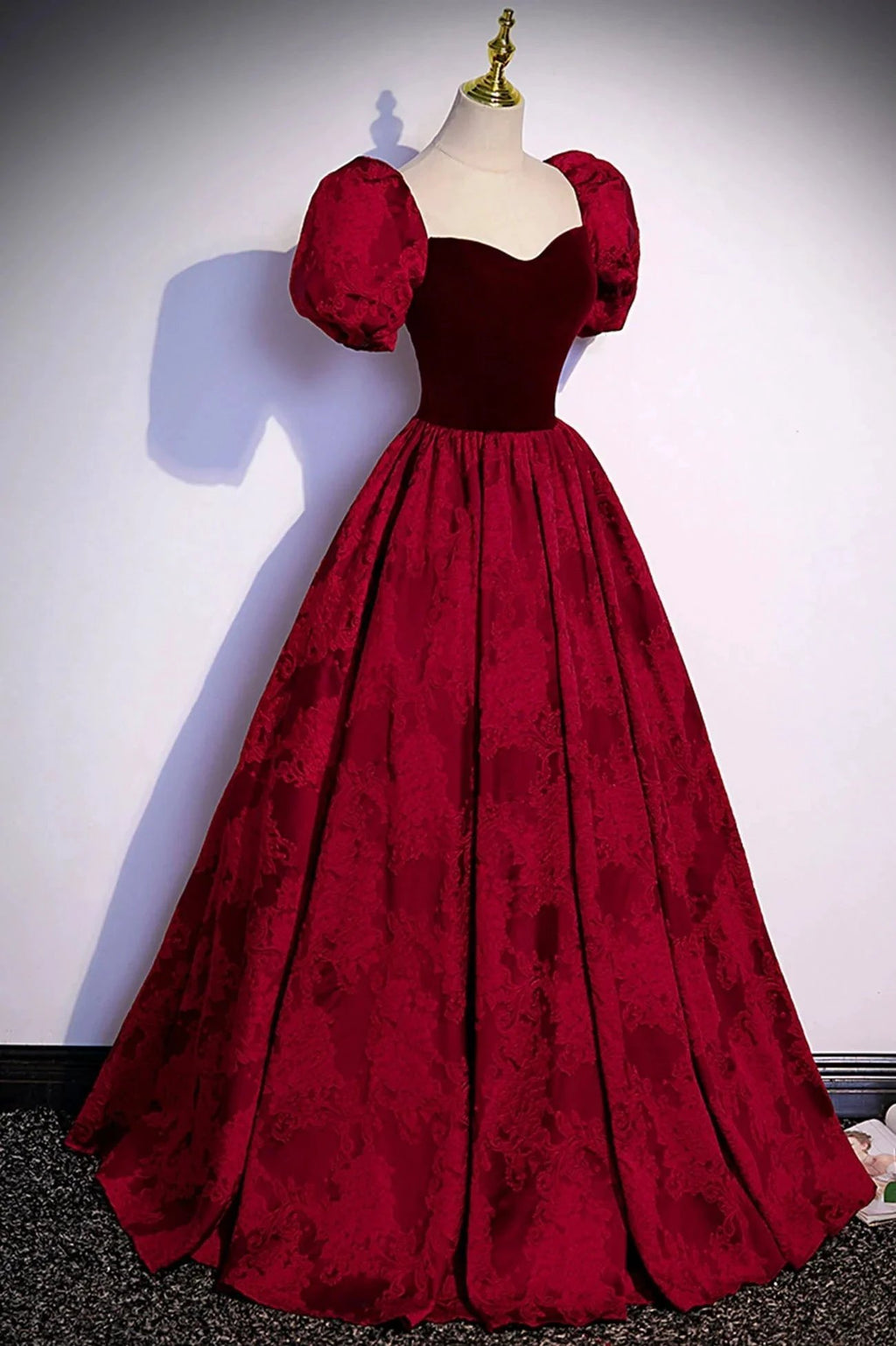 Burgundy velvet jacquard long prom dress evening dress s89 by simplepromdress