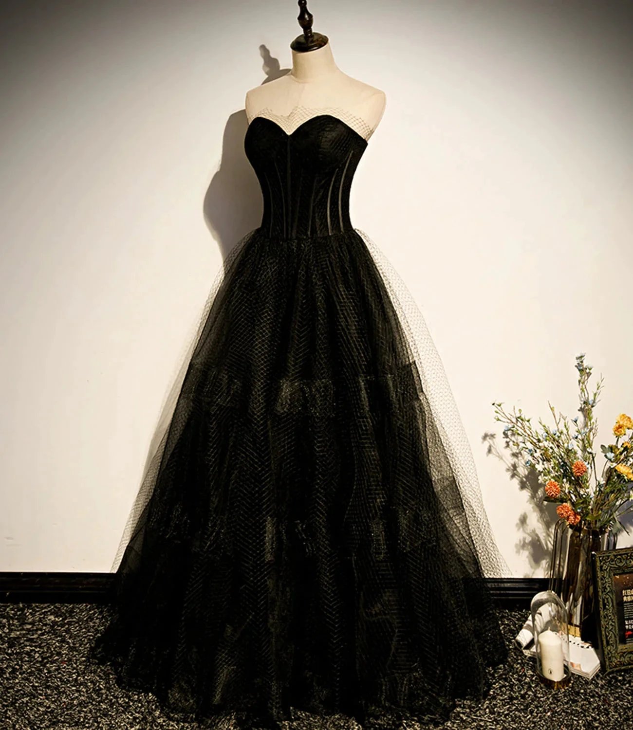 Black tulle long A line prom dress black evening dress s68 by simplepromdress