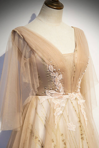 Champagne v neck lace long prom dress A line evening dress s77