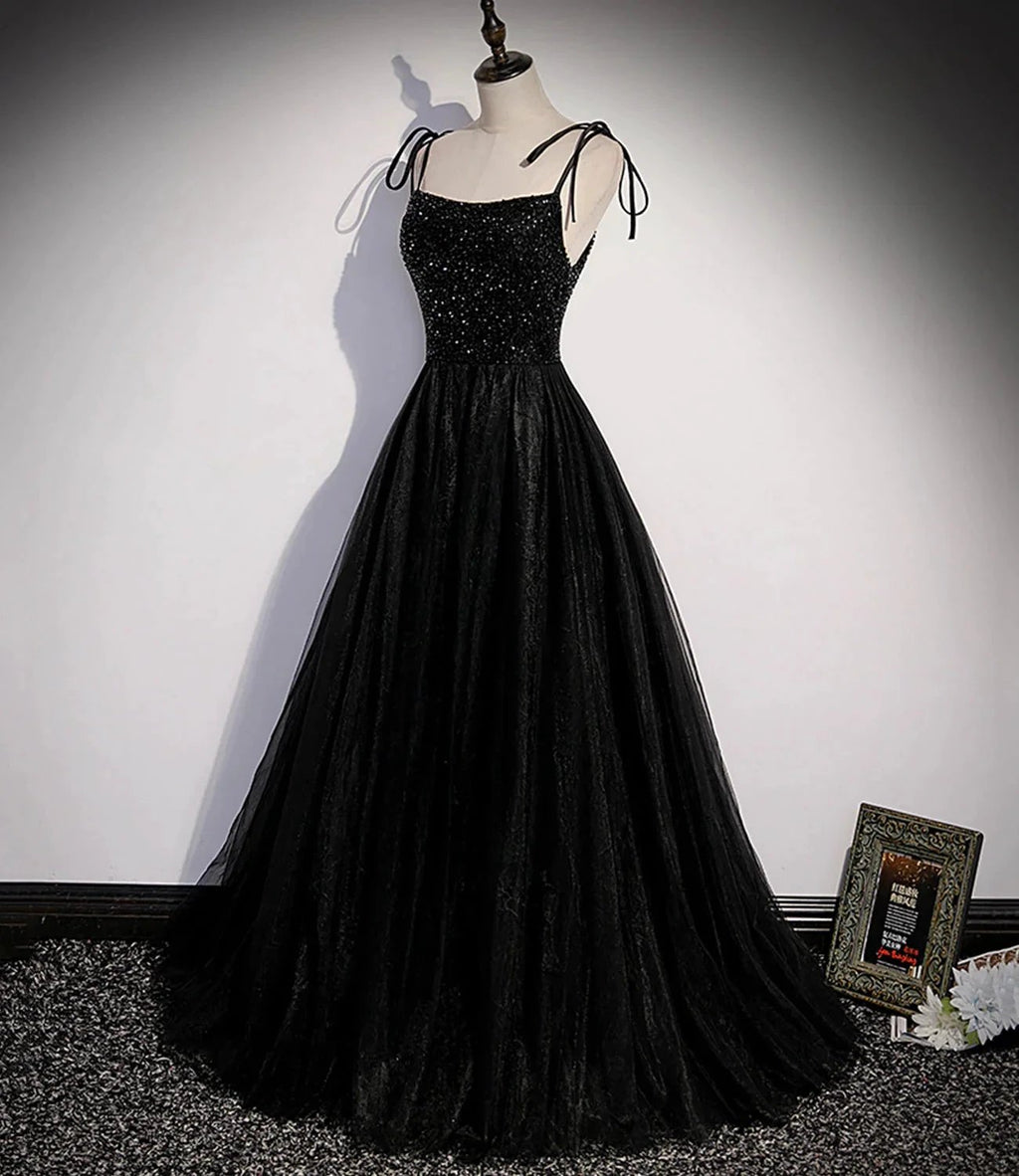 Black tulle beads long prom dress A line evening dress s58 by simplepromdress