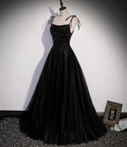 Black tulle beads long prom dress A line evening dress s58 by simplepromdress
