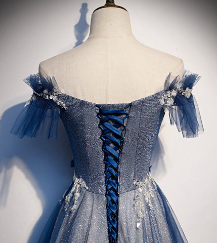 Glänzendes Tüll Pailletten langes Ballkleid blaues Abendkleid S102