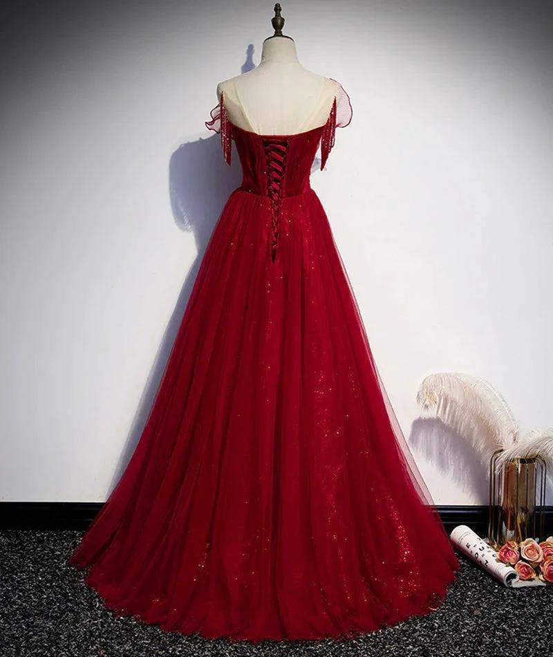 Burgundy tulle long prom dress evening dress s82 by simplepromdress