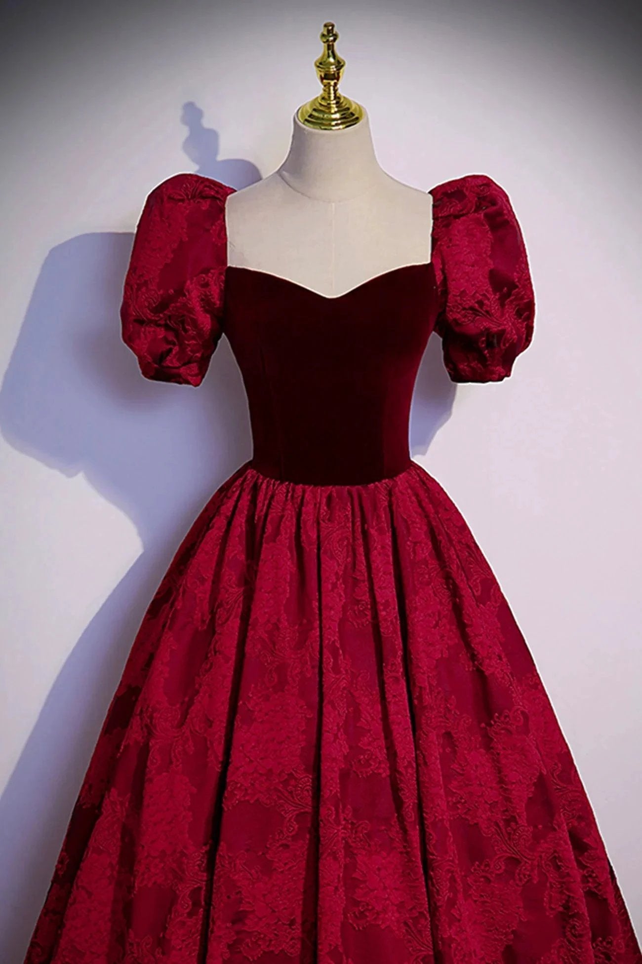Burgundy velvet jacquard long prom dress evening dress s89 by simplepromdress
