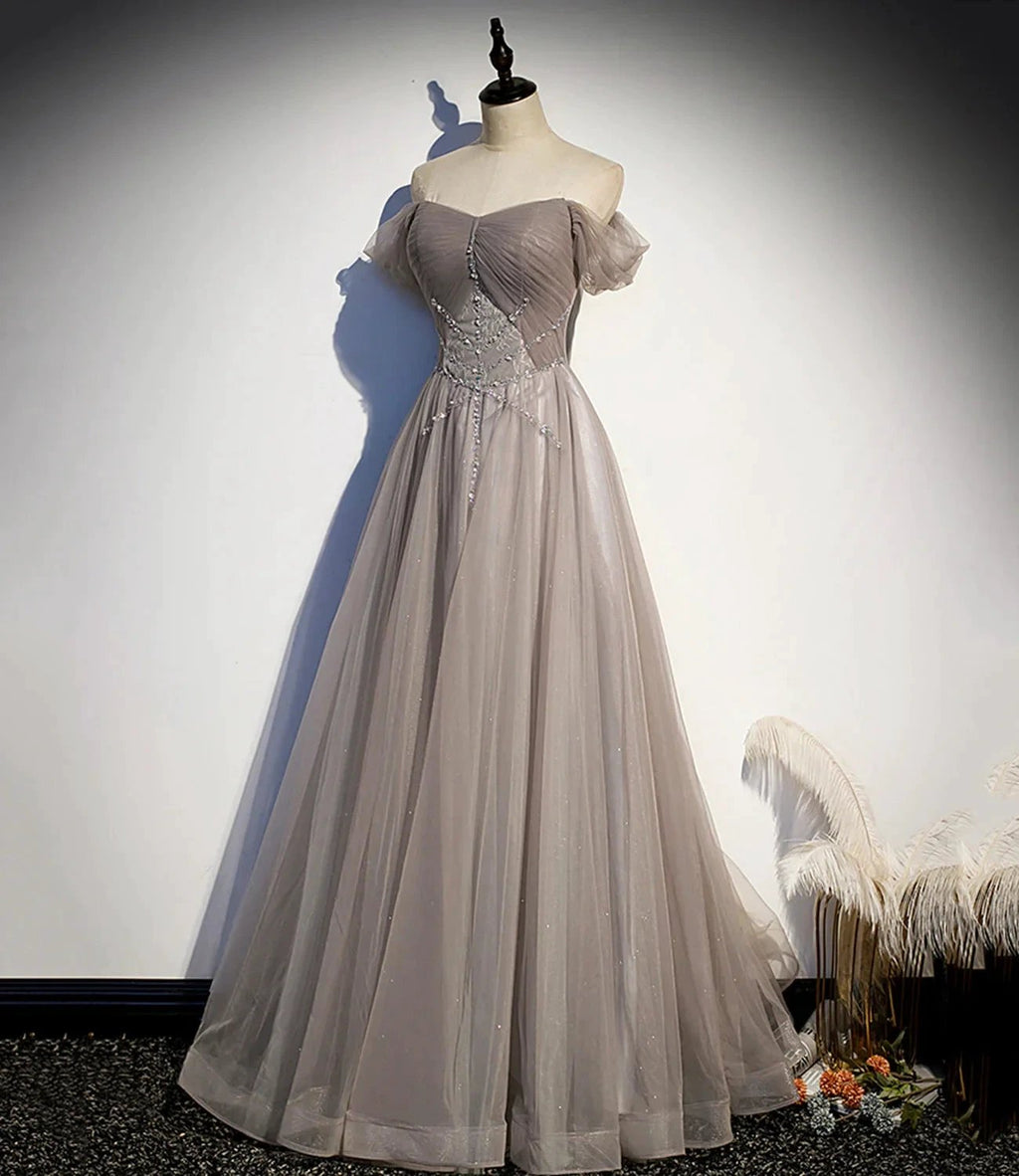 Elegant tulle lace long prom dress A line evening gown s67 by simplepromdress