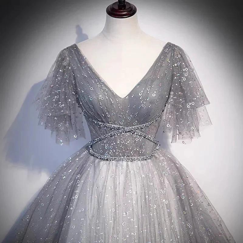 Gray tulle sequins long prom dress A line evening gown s65 by simplepromdress