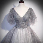 Gray tulle sequins long prom dress A line evening gown s65 by simplepromdress