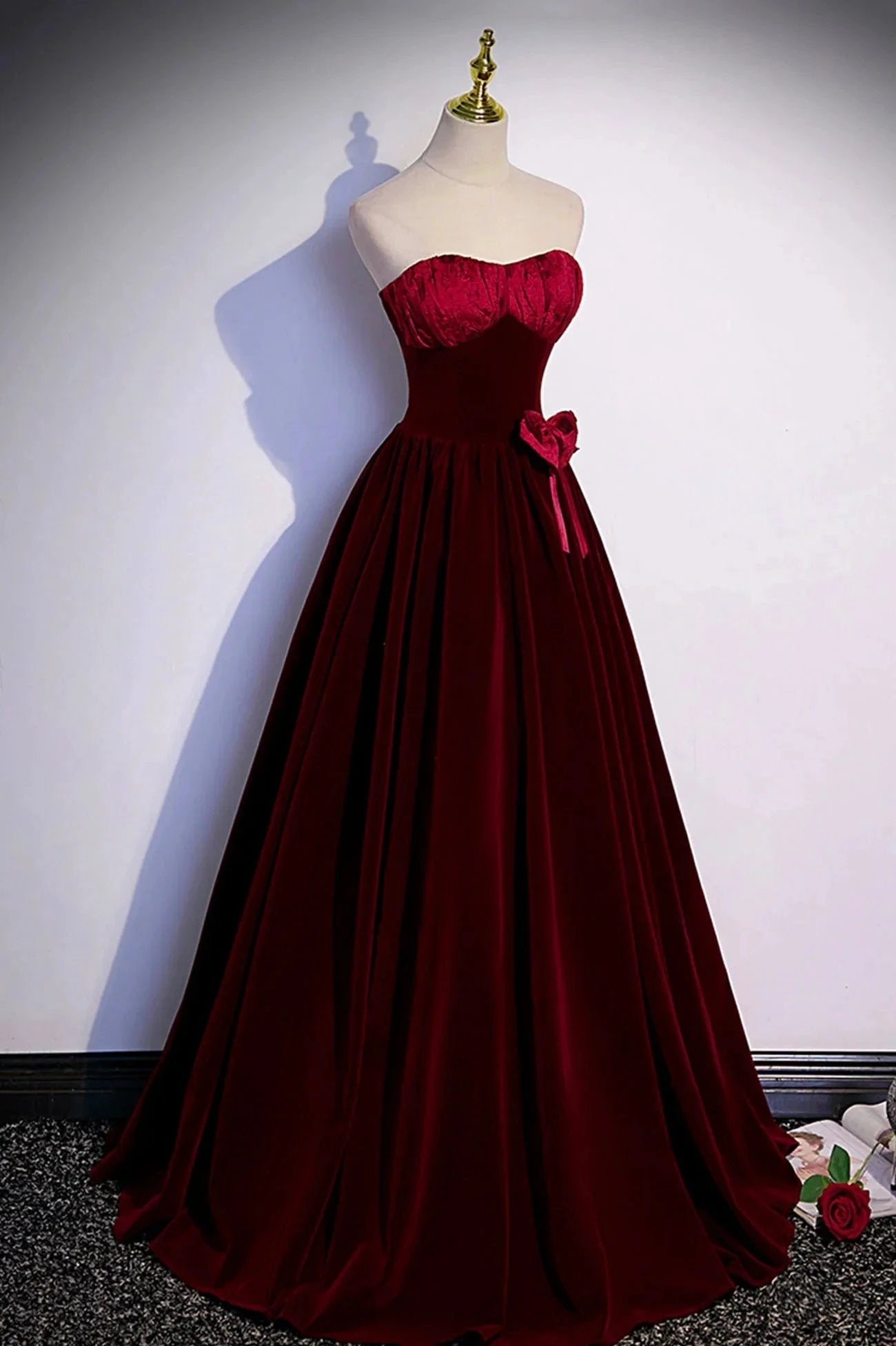 Burgundy velvet long prom dress A-line evening gown s86 by simplepromdress