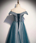 Blue tulle lace long prom dress off shoulder evening dress s105 by simplepromdress