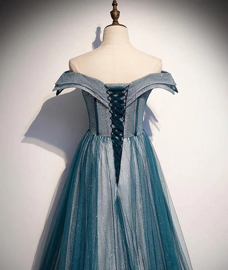 Blue tulle lace long prom dress off shoulder evening dress s105 by simplepromdress