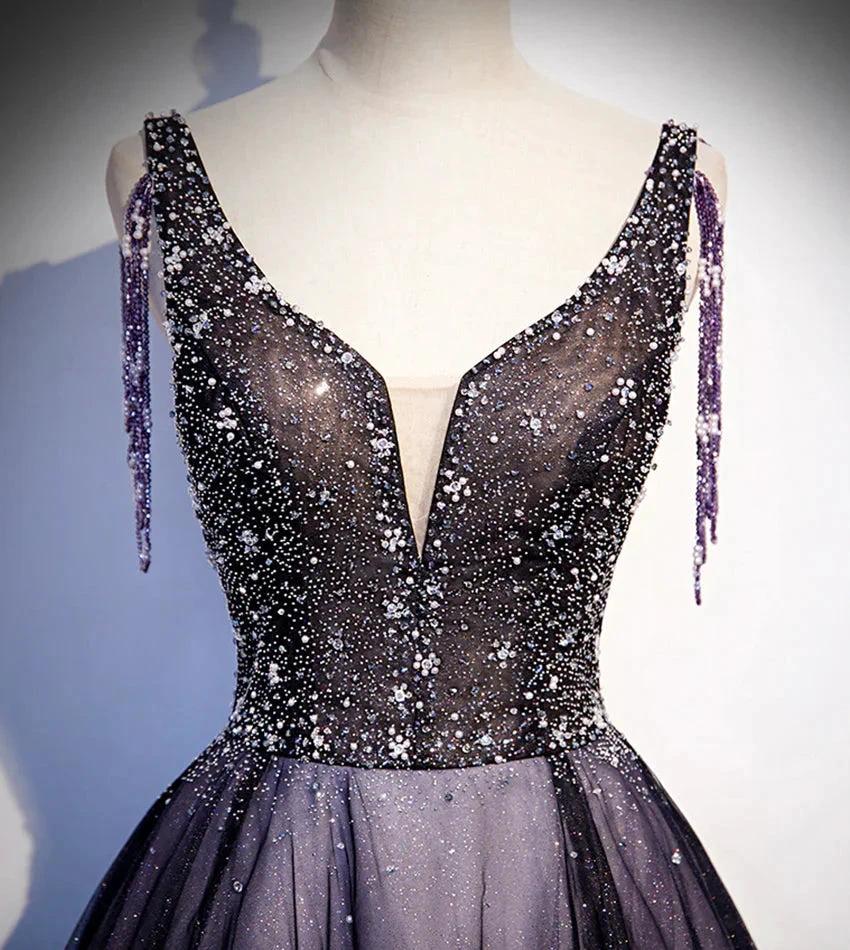 Purple v neck tulle beads long prom dress evening dress s104 by simplepromdress
