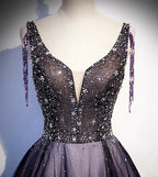 Purple v neck tulle beads long prom dress evening dress s104 by simplepromdress